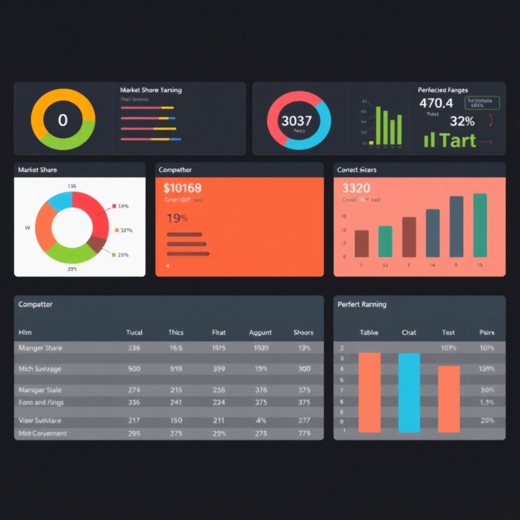 competitive analysis dashboard showing market share pie charts, competitor ranking comparison tables, and performance metrics, professional business interface