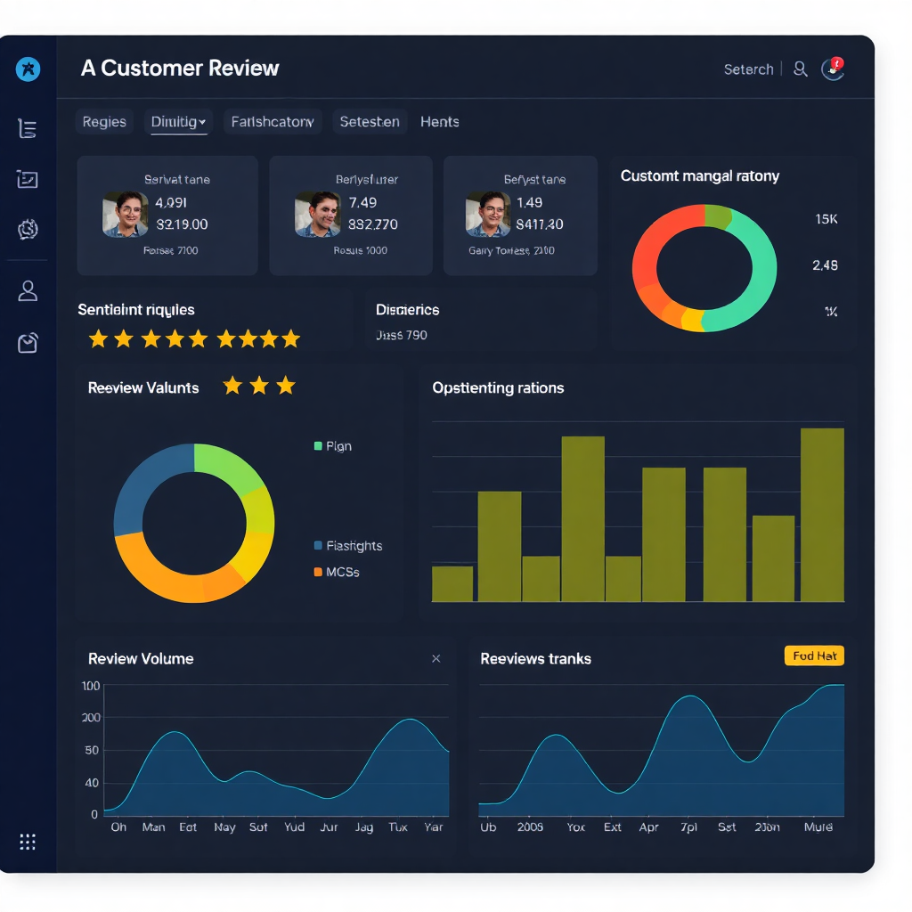 dashboard showing customer review analytics with sentiment analysis charts, star ratings, and review volume trends, modern clean interface